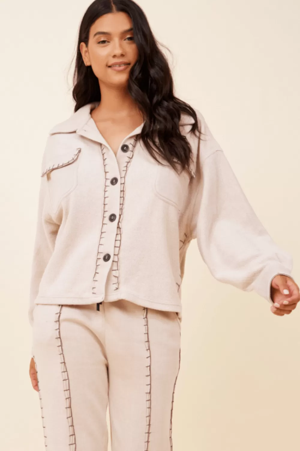 Vintage Havana Almond Milk W/Hot Fudge Stitching Solid Reverse Burnout Shacket