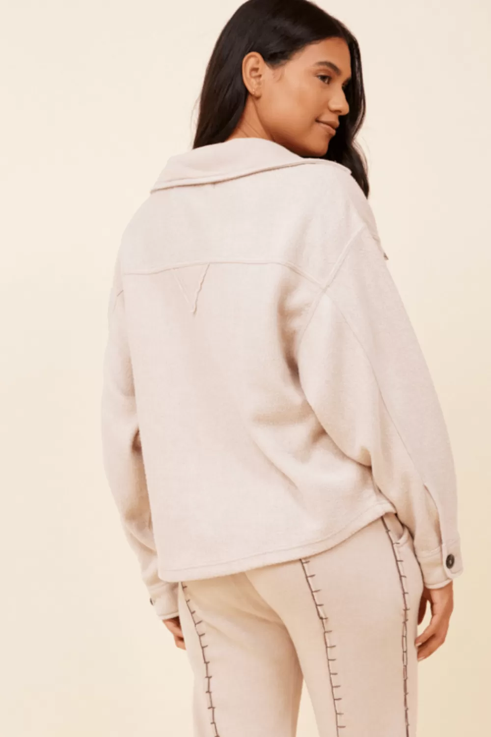 Vintage Havana Almond Milk W/Hot Fudge Stitching Solid Reverse Burnout Shacket