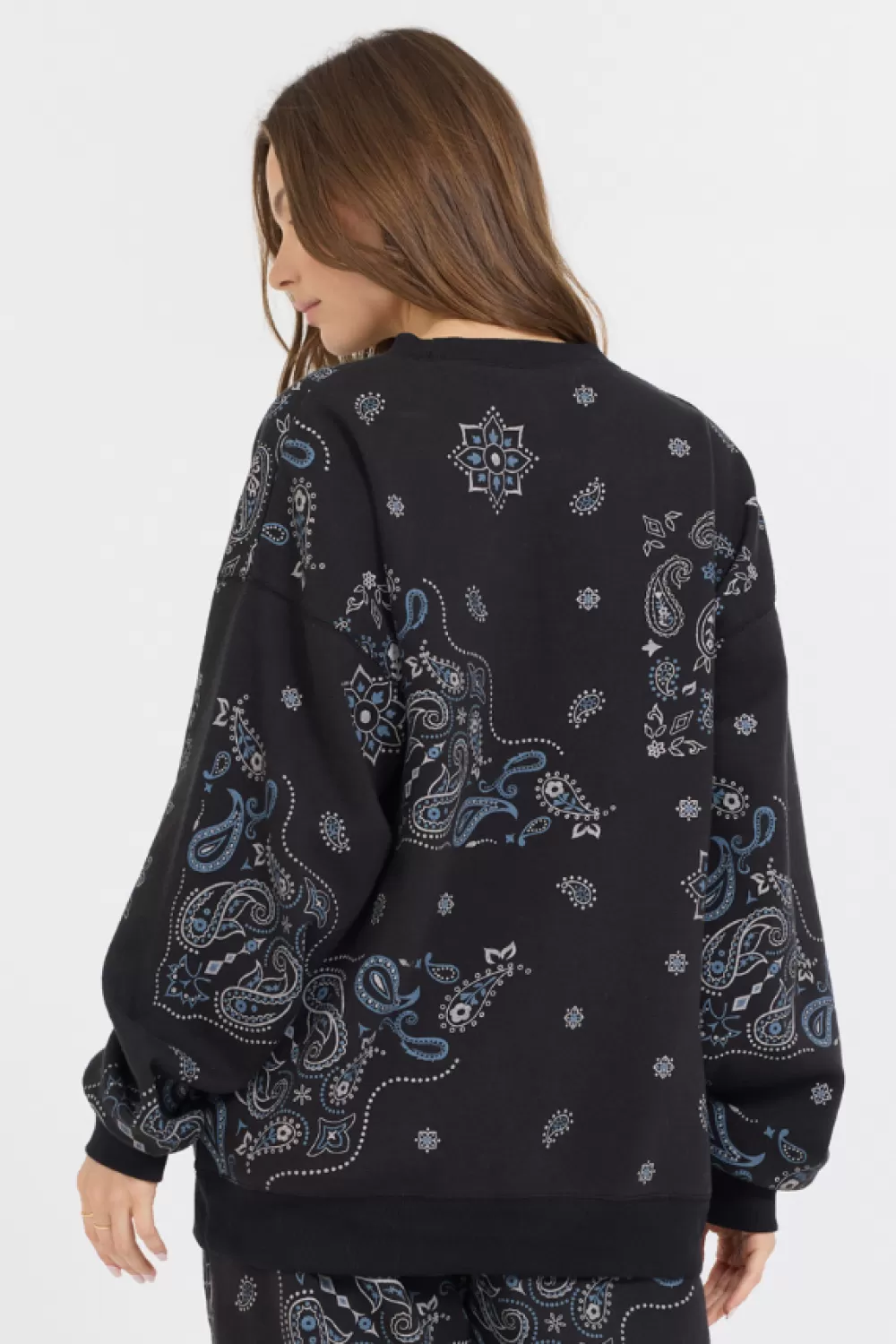 Vintage Havana Black Bandana Printed Fleece Crewneck