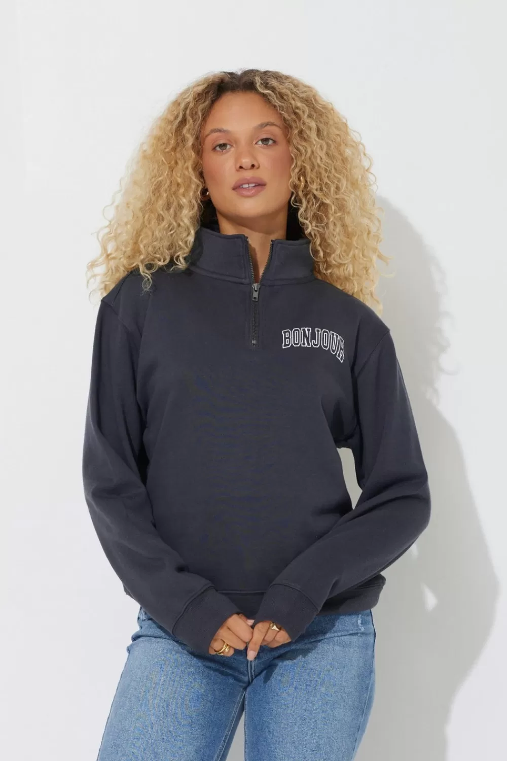 Vintage Havana Black "Bonjour" Quarter Pigment Dyed Zip Sweatshirt