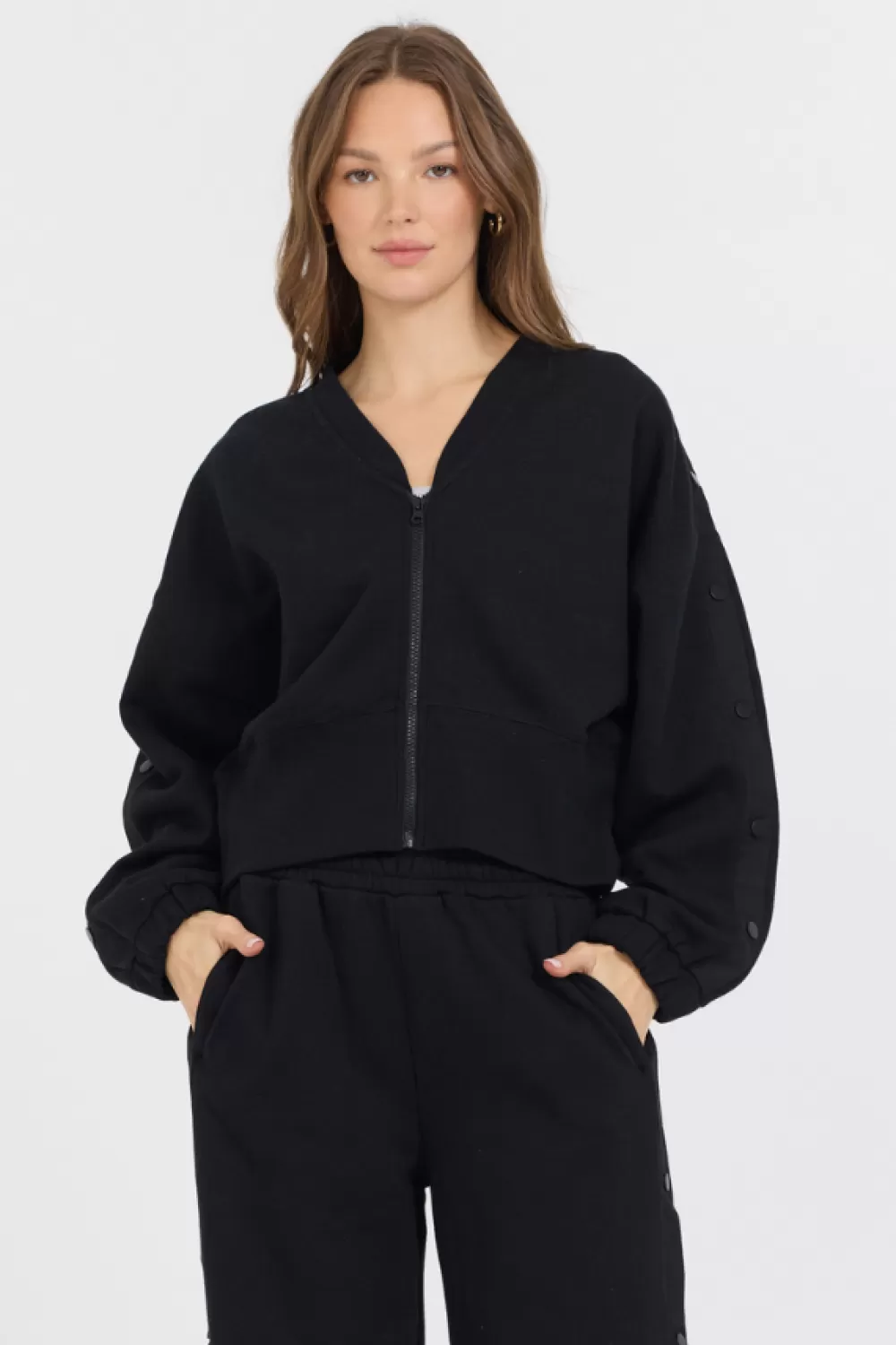Vintage Havana Black Brushed Fleece Zip Up W/ Snap Sleeves