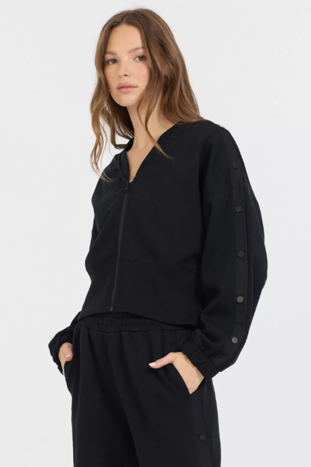 Vintage Havana Black Brushed Fleece Zip Up W/ Snap Sleeves
