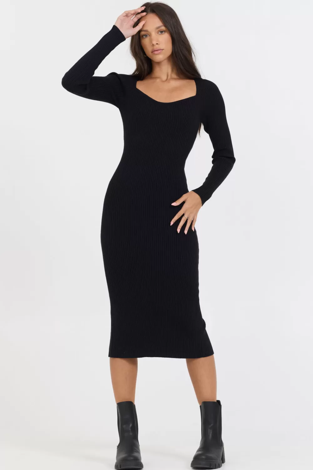 Vintage Havana Black Fitted Rib Knit Midi Dress
