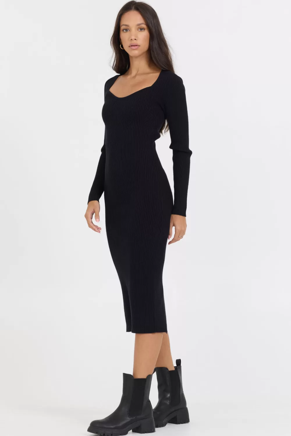 Vintage Havana Black Fitted Rib Knit Midi Dress