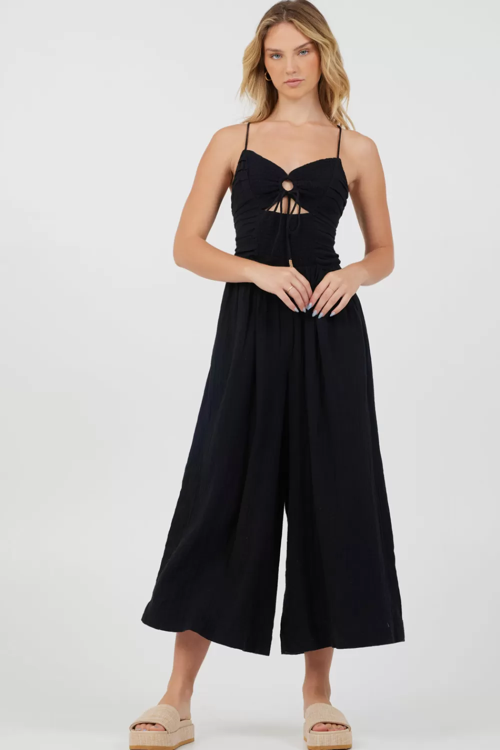 Vintage Havana Black Lightweight Tie Front Jumpsuit
