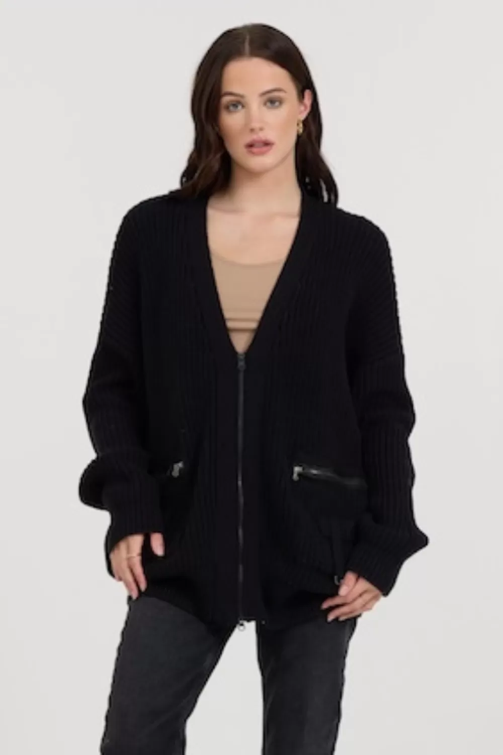 Vintage Havana Black Long Zip Front Utility Cardigan