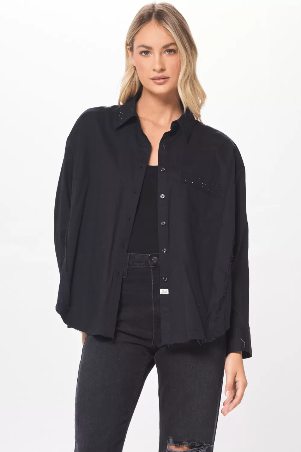 Vintage Havana Black Poplin Shirting W/ Rhinestones