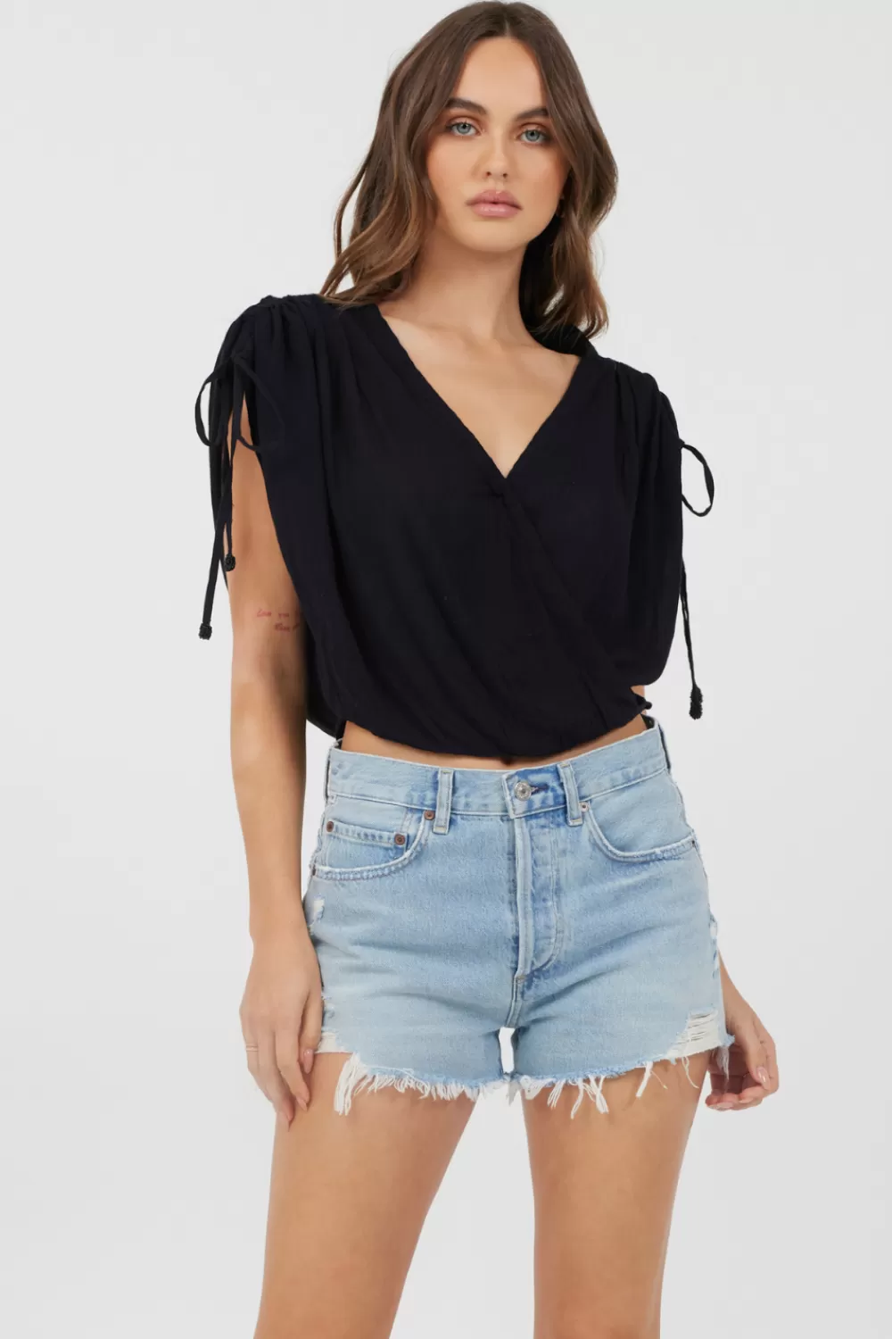 Vintage Havana Black Rayon Crinkle Surplice Top
