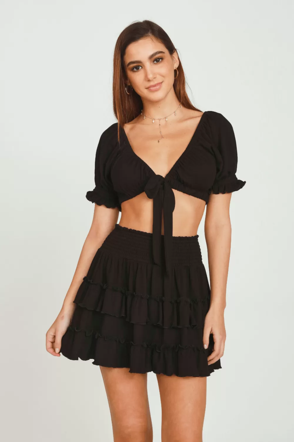 Vintage Havana Black Rib Knit Tie Front Balloon Sleeve Crop Top