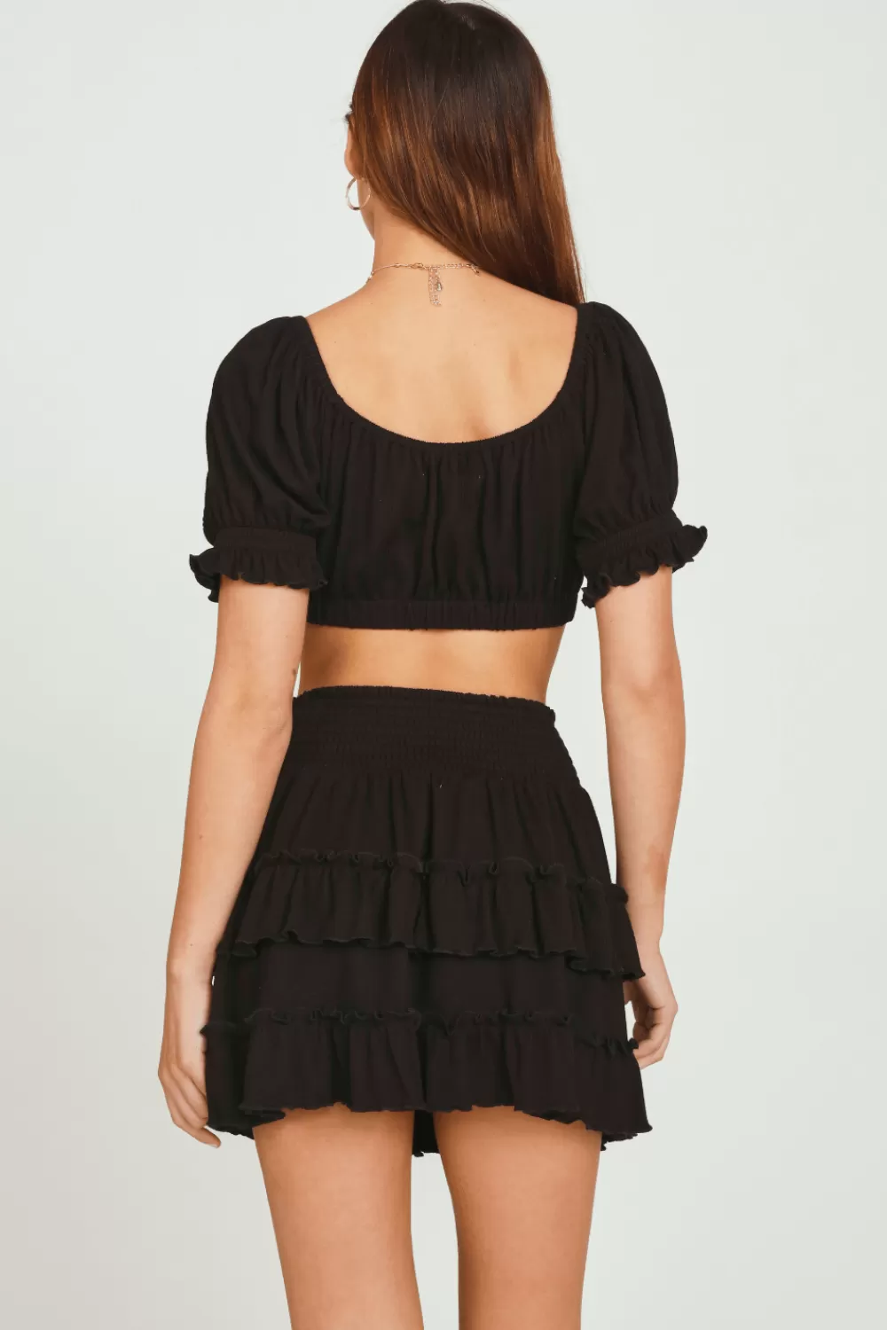Vintage Havana Black Rib Knit Tie Front Balloon Sleeve Crop Top