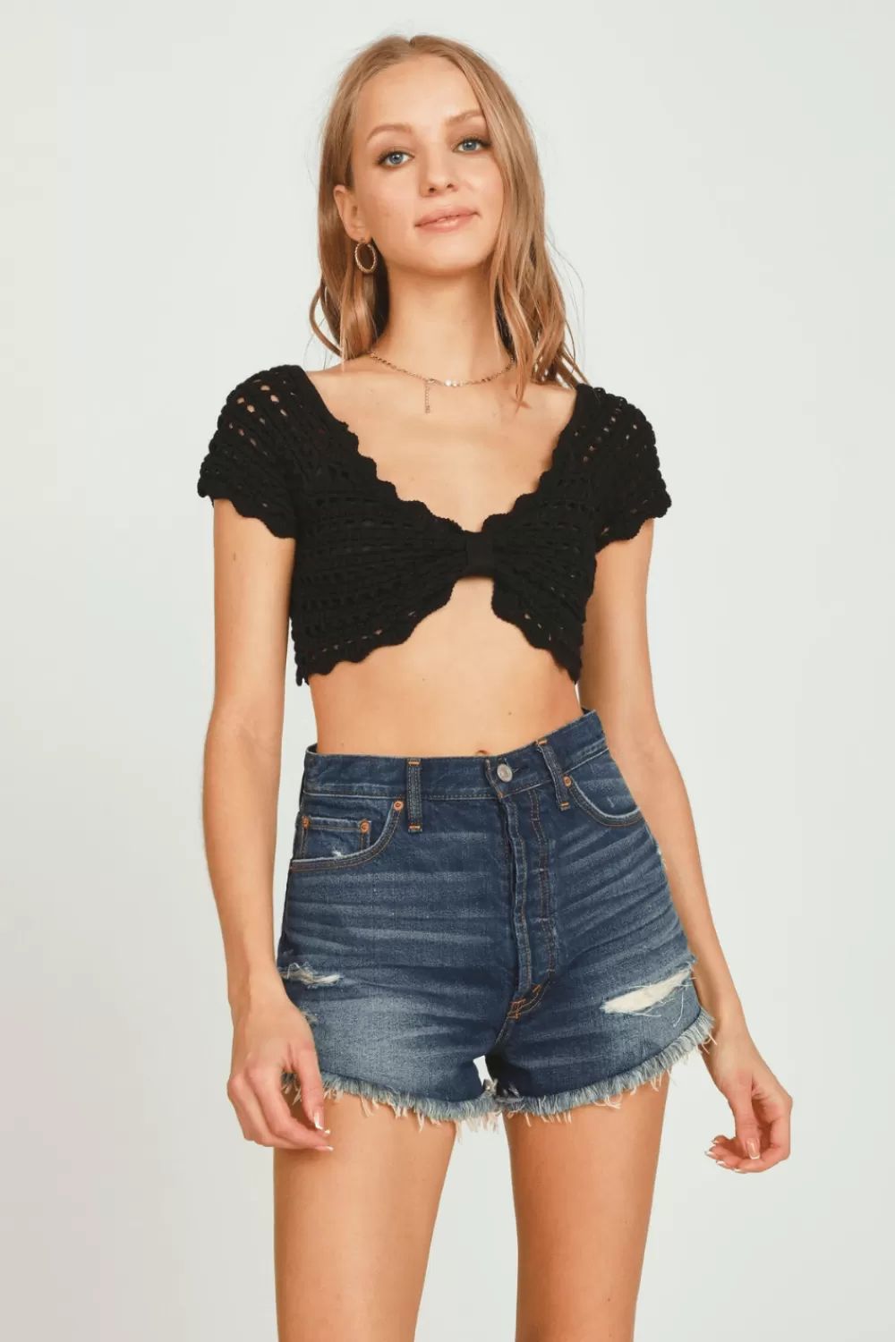 Vintage Havana Black Sweater Crochet Cinch Top