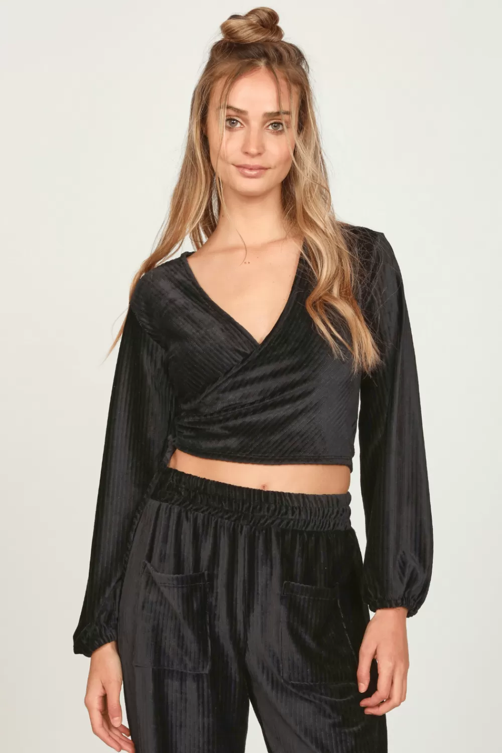 Vintage Havana Black Velour Surplice Top