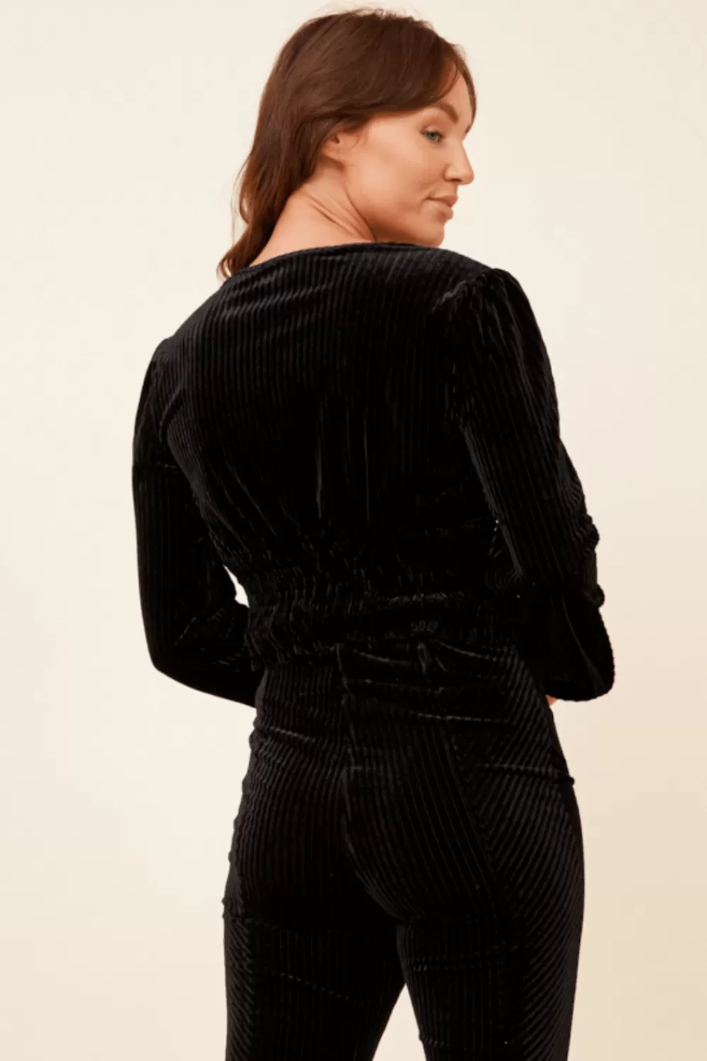 Vintage Havana Black Velvet Cord Ruched Top