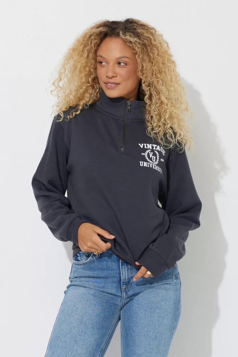 Vintage Havana Black "Vintage University" Quarter Pigment Dyed Zip Sweatshirt