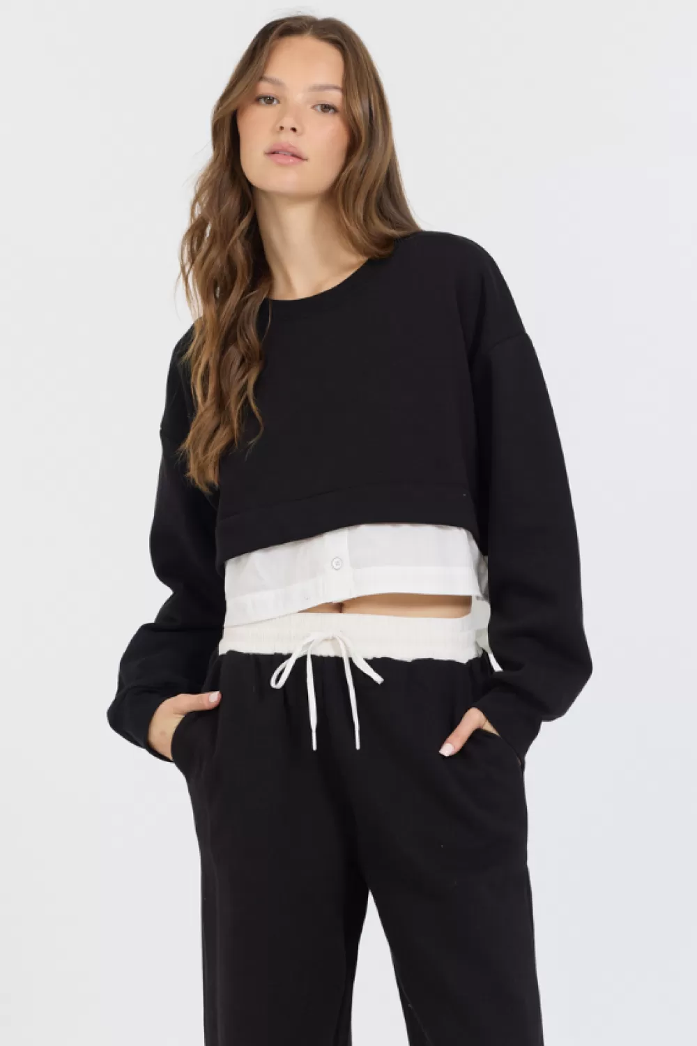 Vintage Havana Black/ White Essential Fleece Crewneck W/ Poplin Insert
