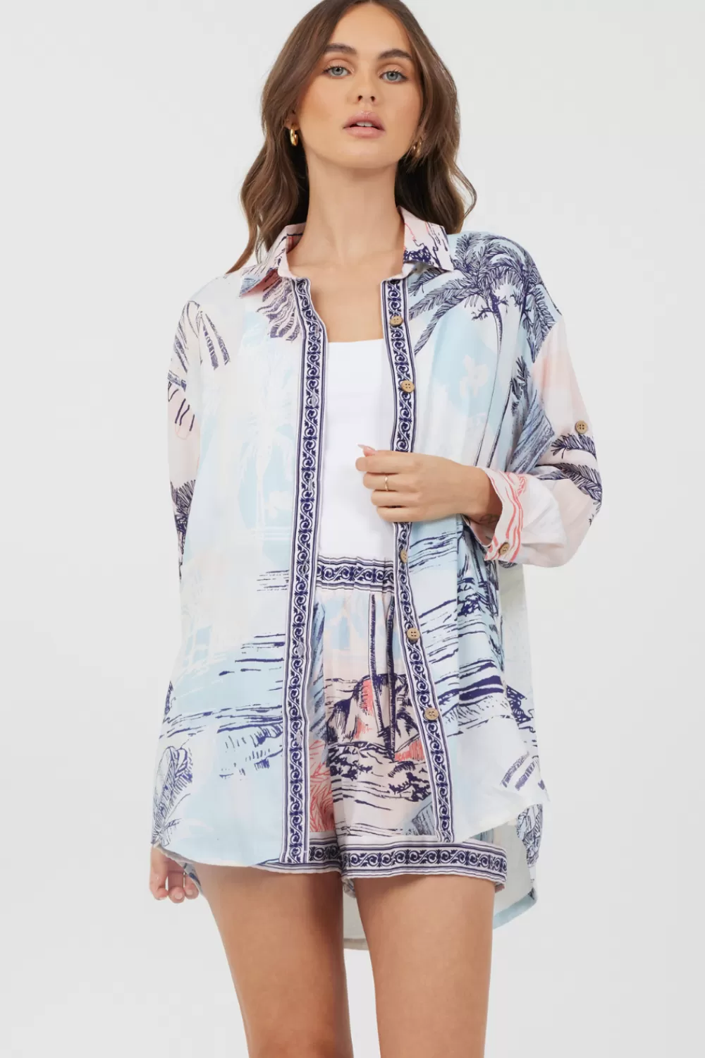 Vintage Havana Blue & Pink Scenic Print Placement Shirt Dress