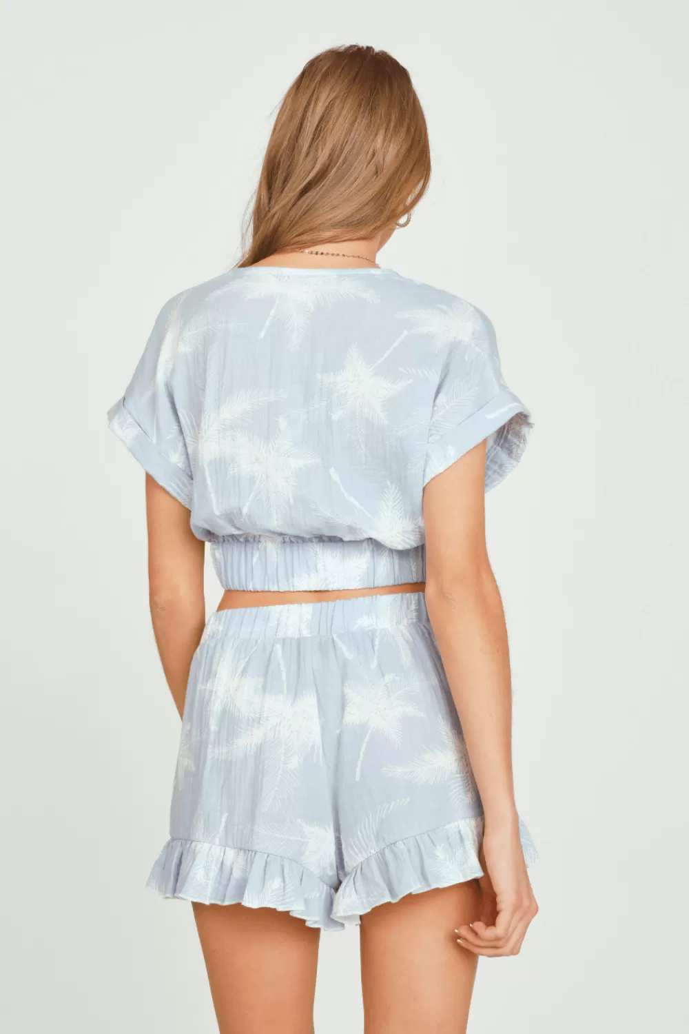 Vintage Havana Blue W/ White Palm Trees Printed Gauze Twist Front Top