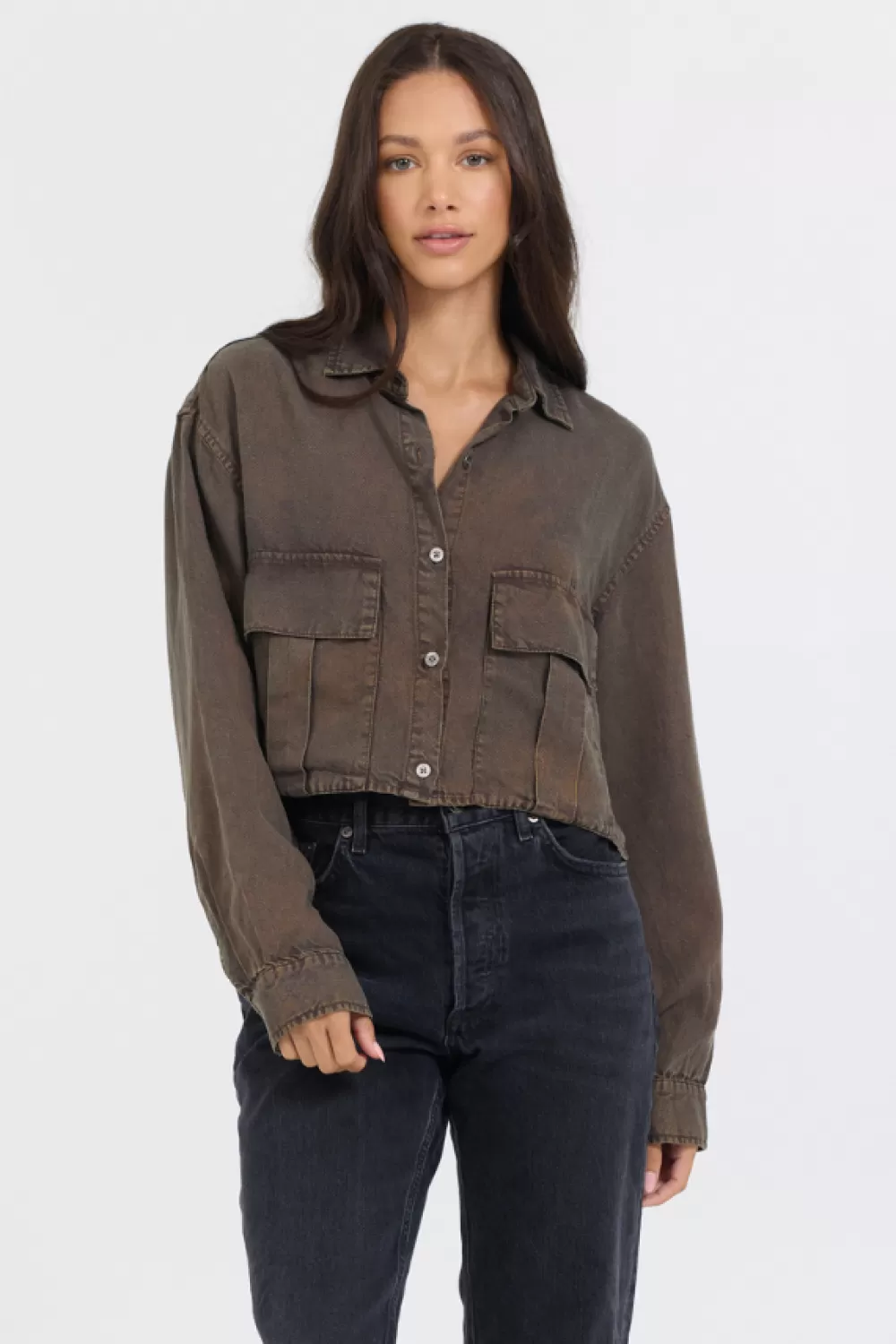 Vintage Havana Brown Cropped Pocket Detail Shirt