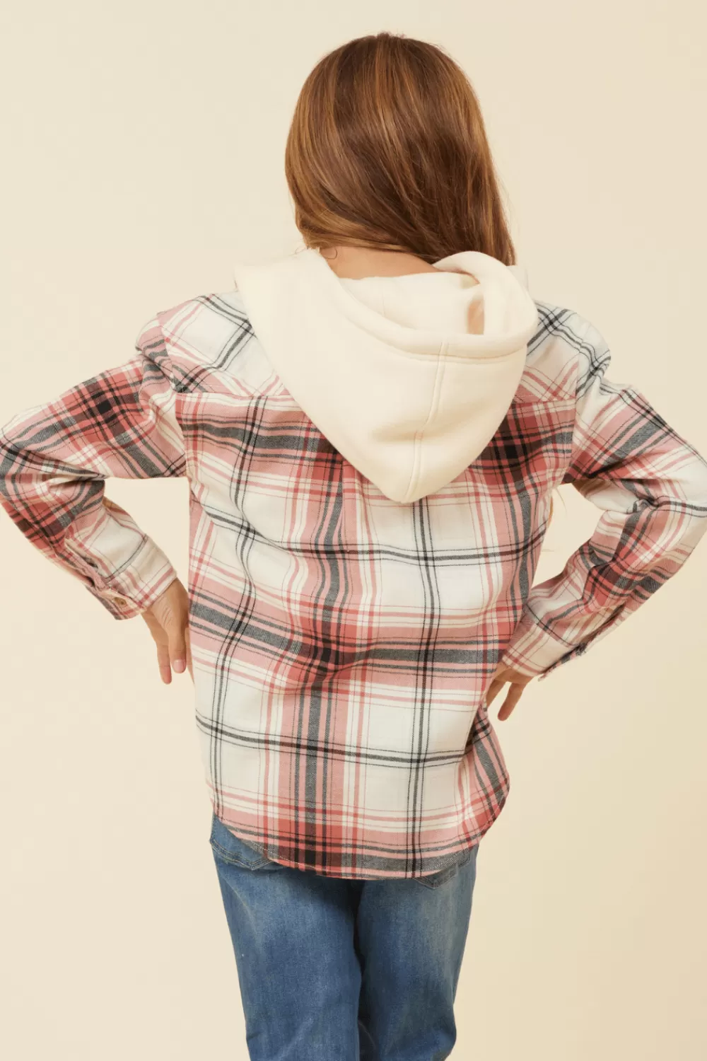 Kids Vintage Havana Burgundy Plaid And Grey Button Up Hoodie