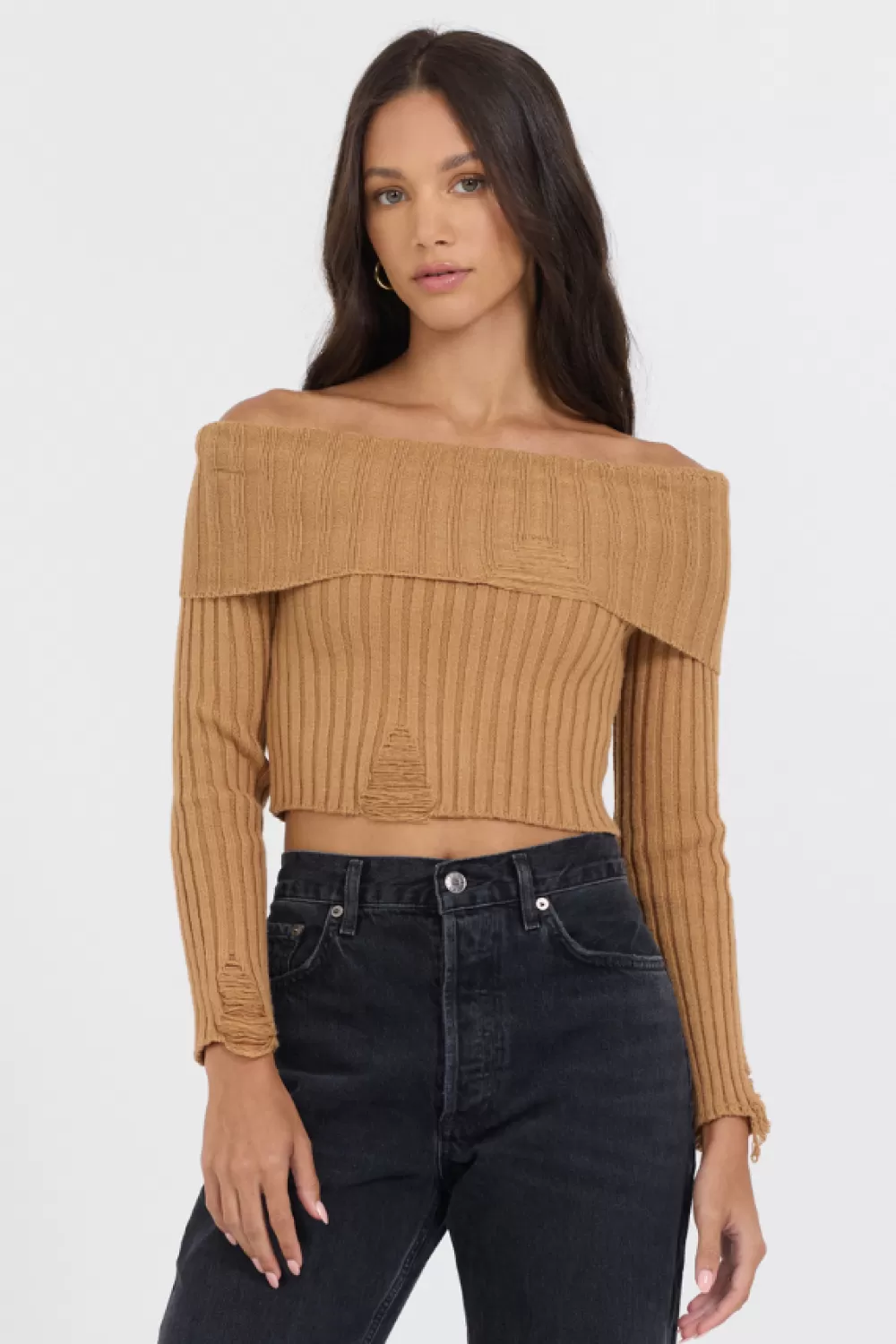 Vintage Havana Caramel Distressed Off Shoulder Sweater
