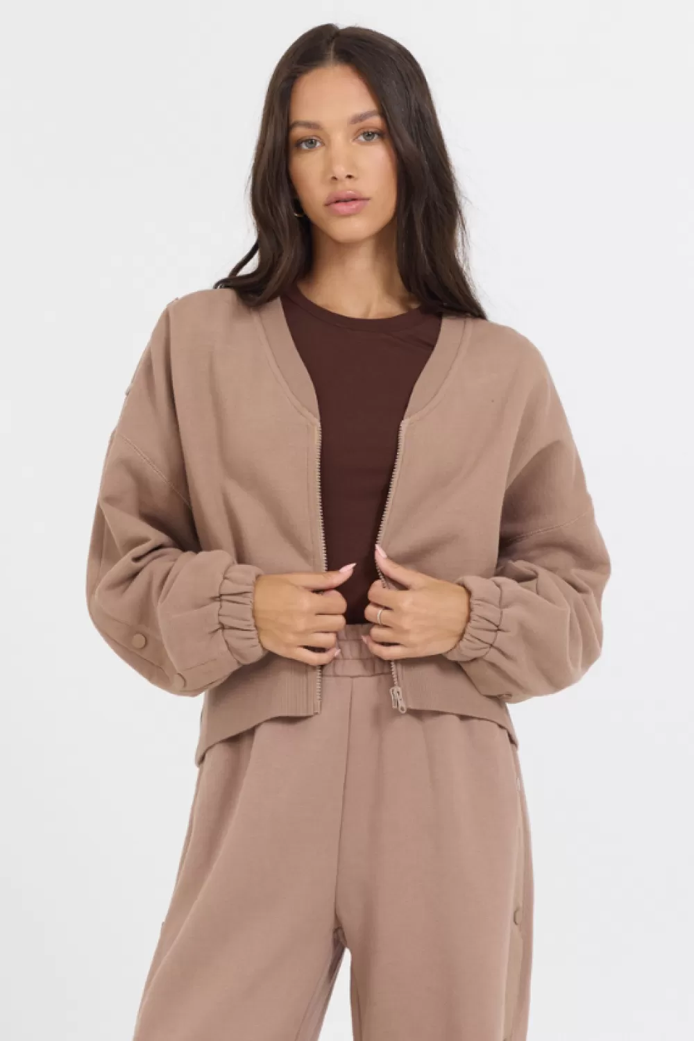 Vintage Havana Caramel Latte Brushed Fleece Zip Up W/ Snap Sleeves