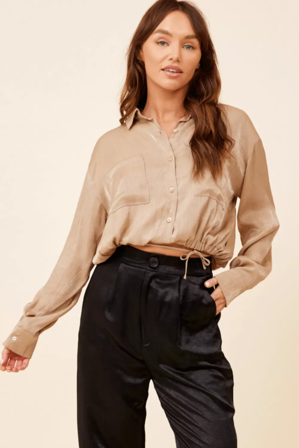 Vintage Havana Champagne Satin Wrap Tie Button Down Top