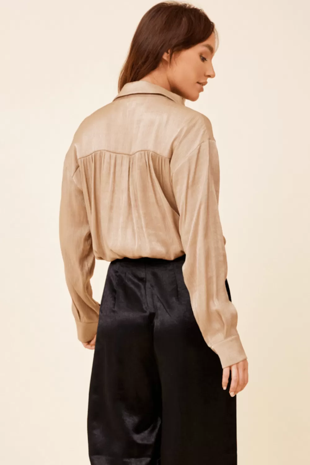 Vintage Havana Champagne Satin Wrap Tie Button Down Top