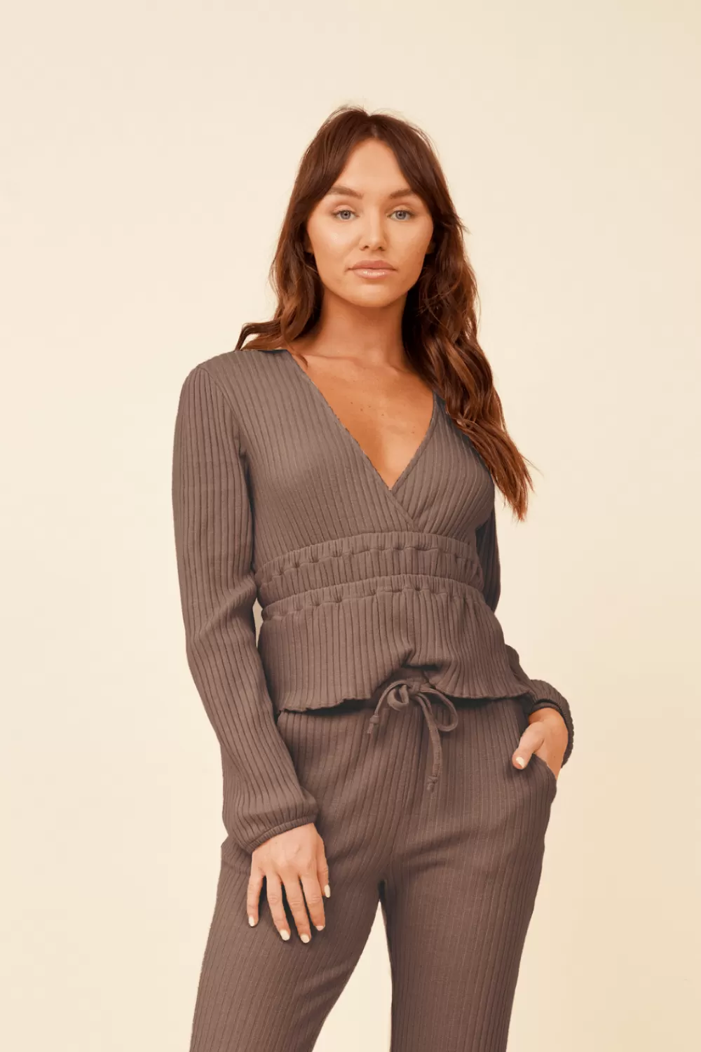 Vintage Havana Chestnut Surplice Ribbed Long Sleeve Top