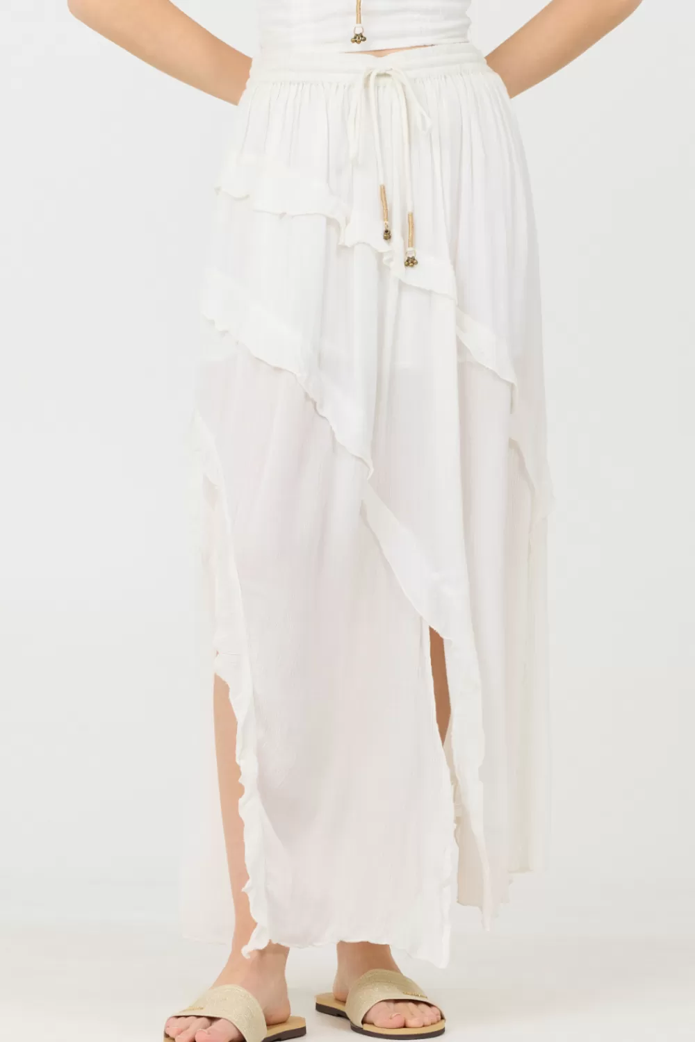 Vintage Havana Clean White Rayon Crinkle Ruffle Maxi Skirt