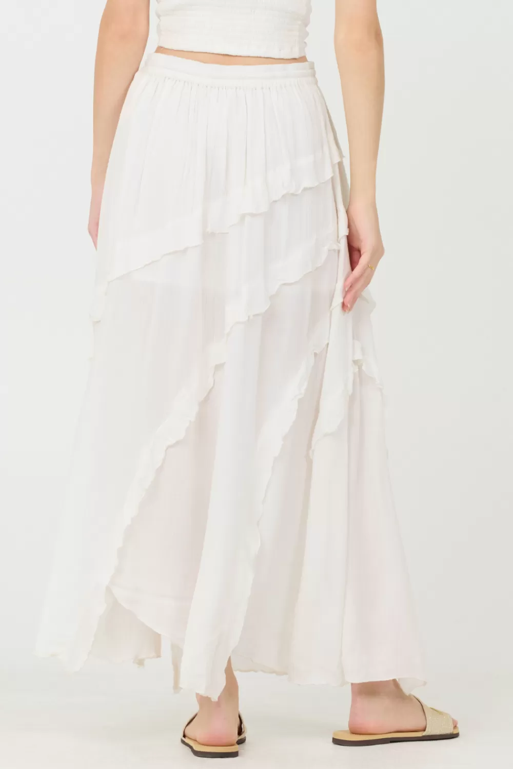 Vintage Havana Clean White Rayon Crinkle Ruffle Maxi Skirt