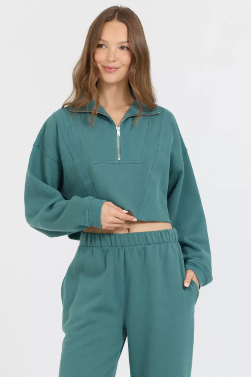 Vintage Havana College Green Cotton Blend Fleece Quarter Zip Rib Neck