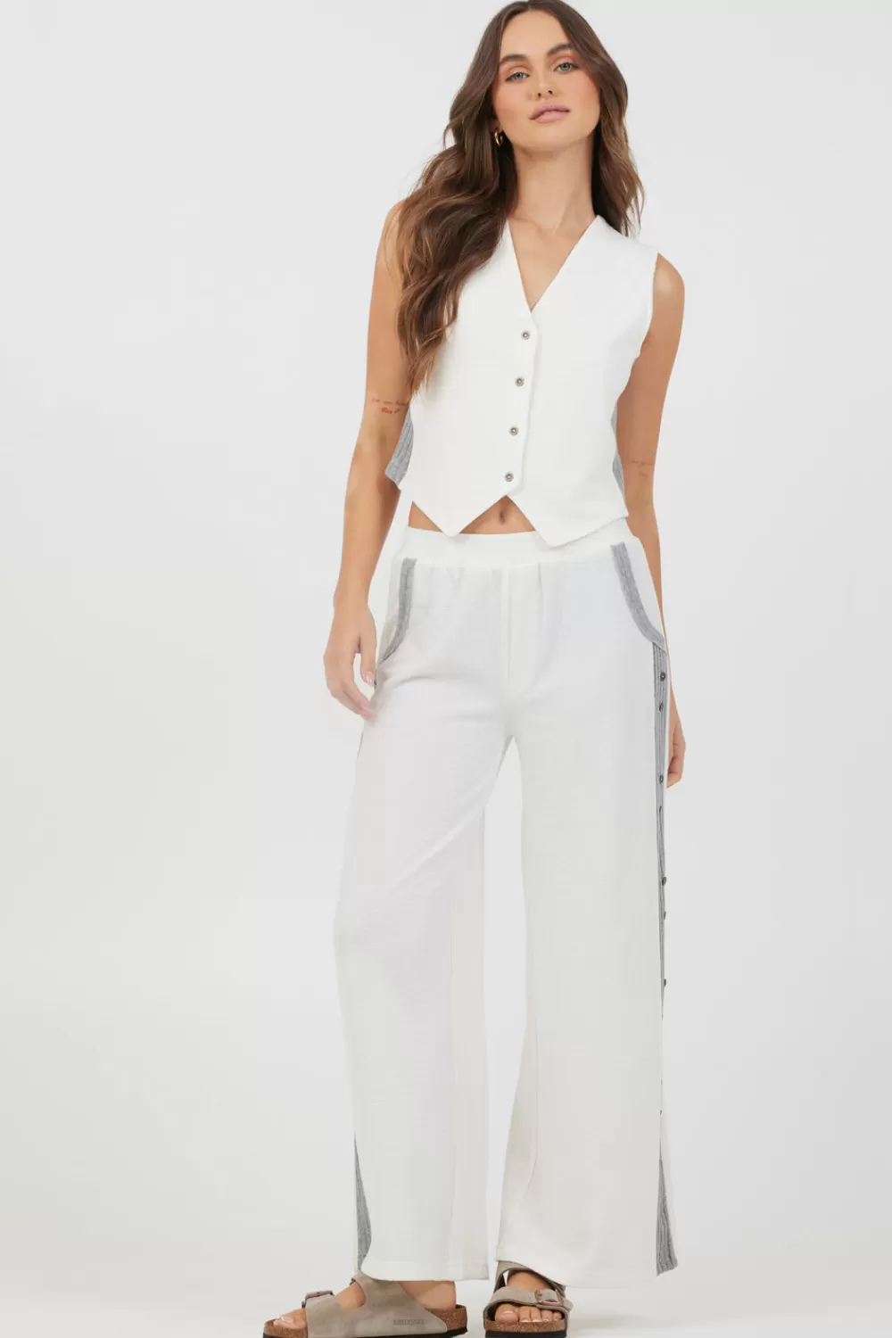 Vintage Havana Cream Heather Grey Texture Knit Pant W Contrast Rib