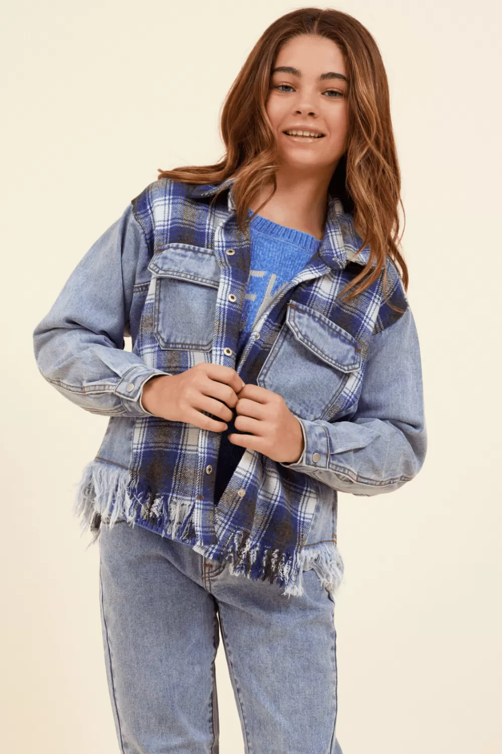 Kids Vintage Havana Denim & Blue Plaid Frayed Button Down