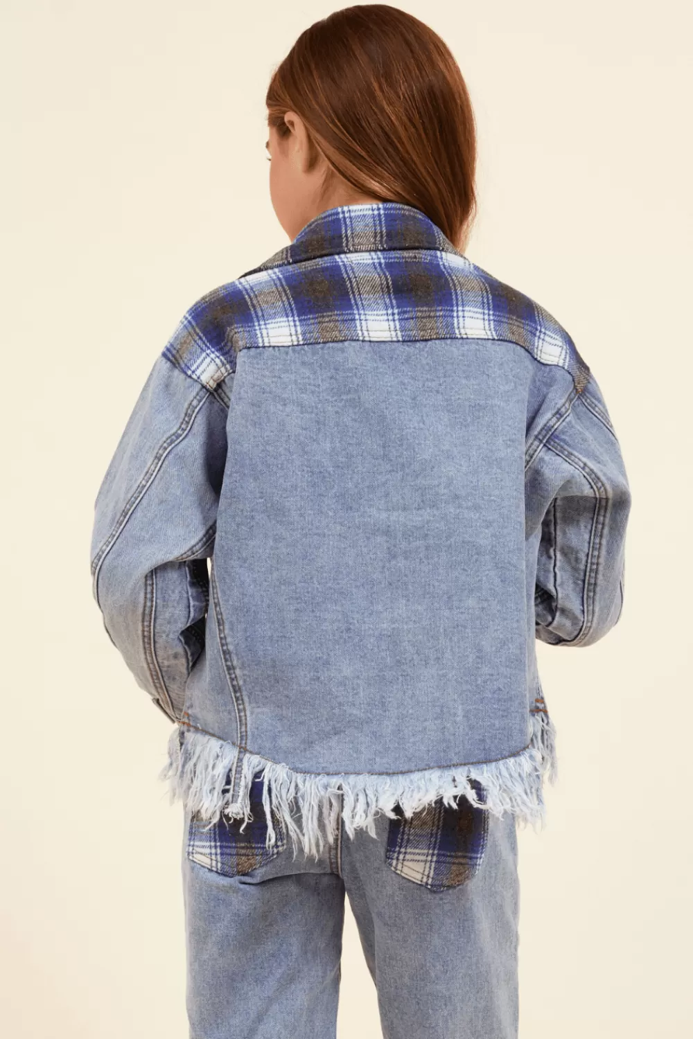 Kids Vintage Havana Denim & Blue Plaid Frayed Button Down