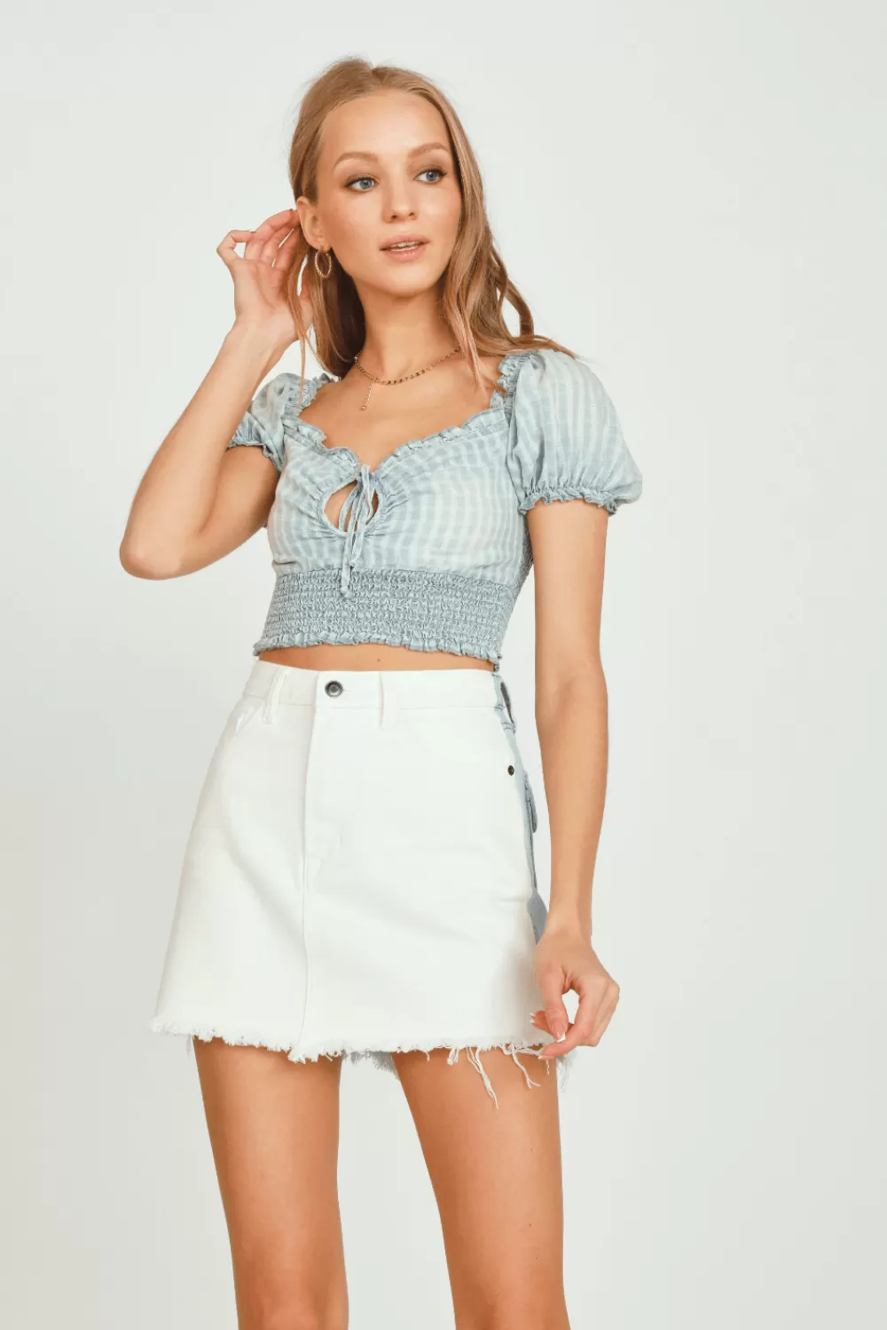 Vintage Havana Denim W/ Ivory Dobby Ripstop Smocked Waist Top