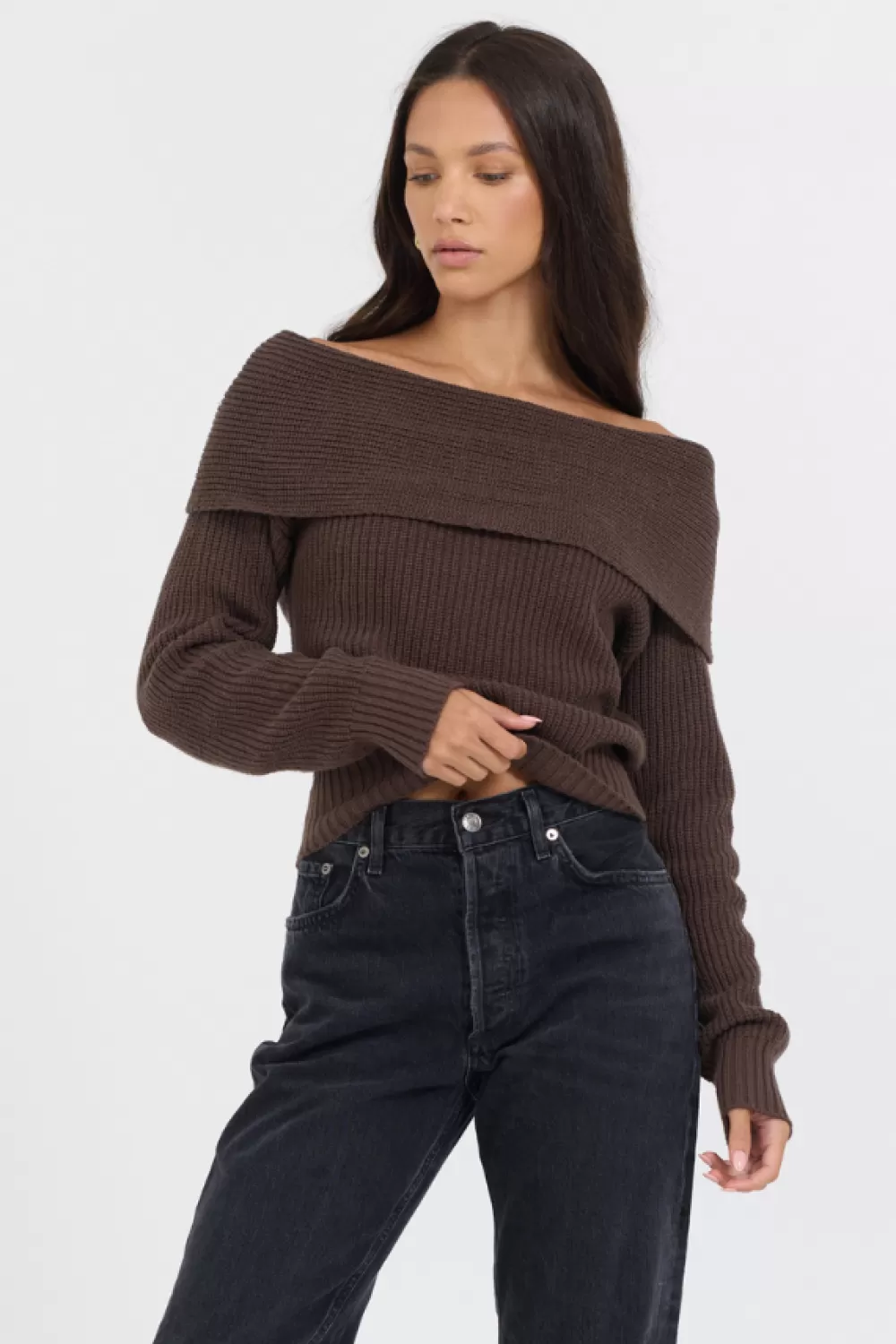 Vintage Havana Espresso Off ShoulderBack Zip Sweater