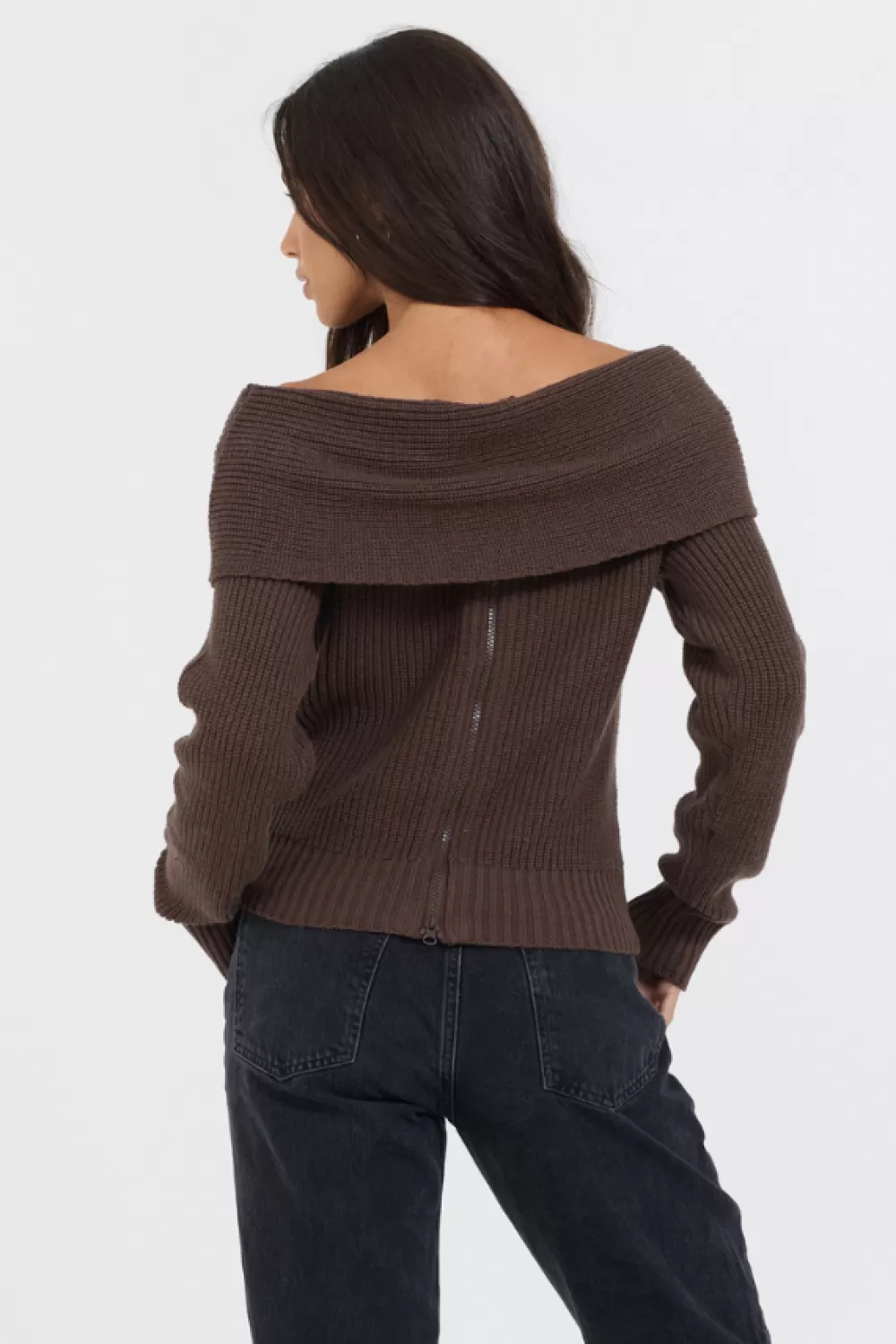 Vintage Havana Espresso Off ShoulderBack Zip Sweater