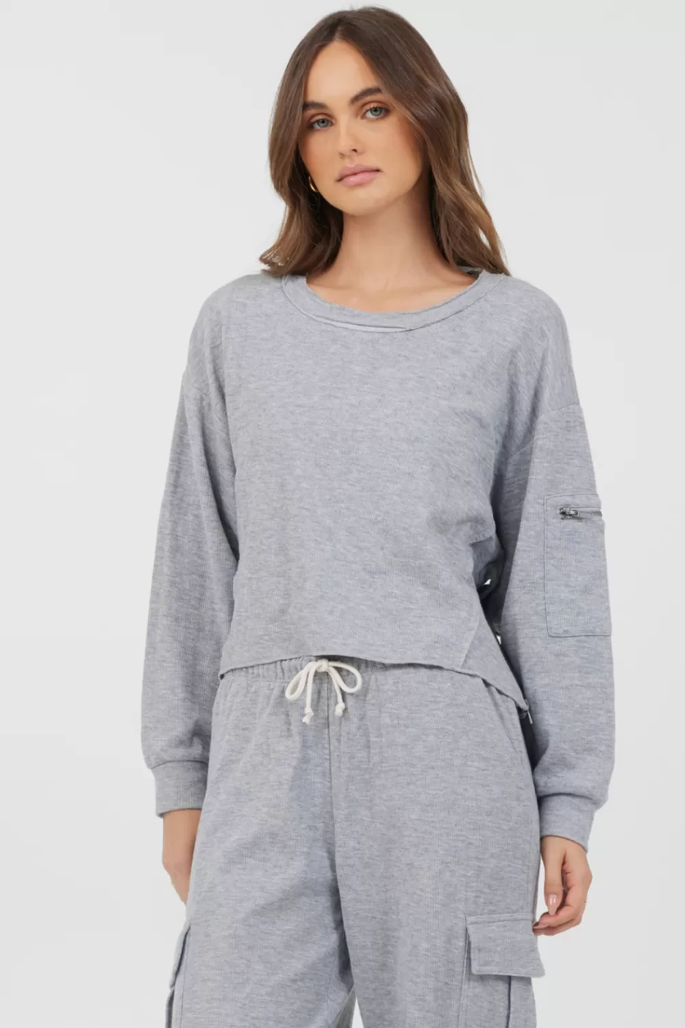 Vintage Havana Heather Grey Bounded Textured Jersey Utility Crewneck
