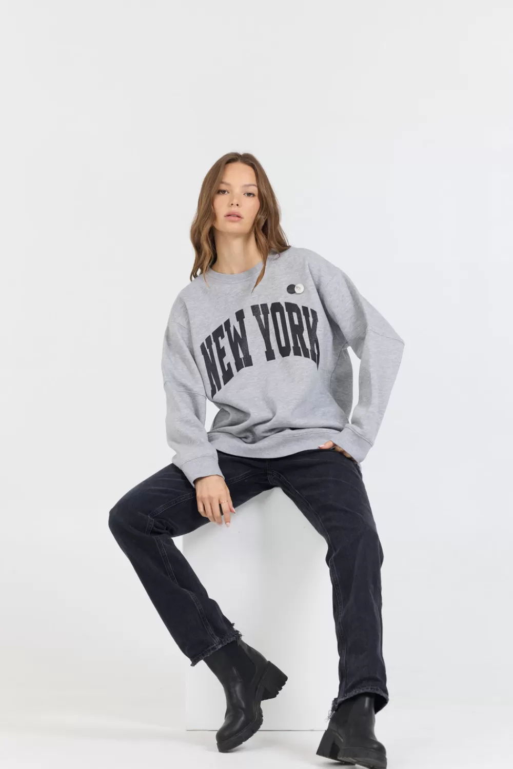 Vintage Havana Heather Grey W/ Black Garment Dye Fleece Crew W/ Glitter Print