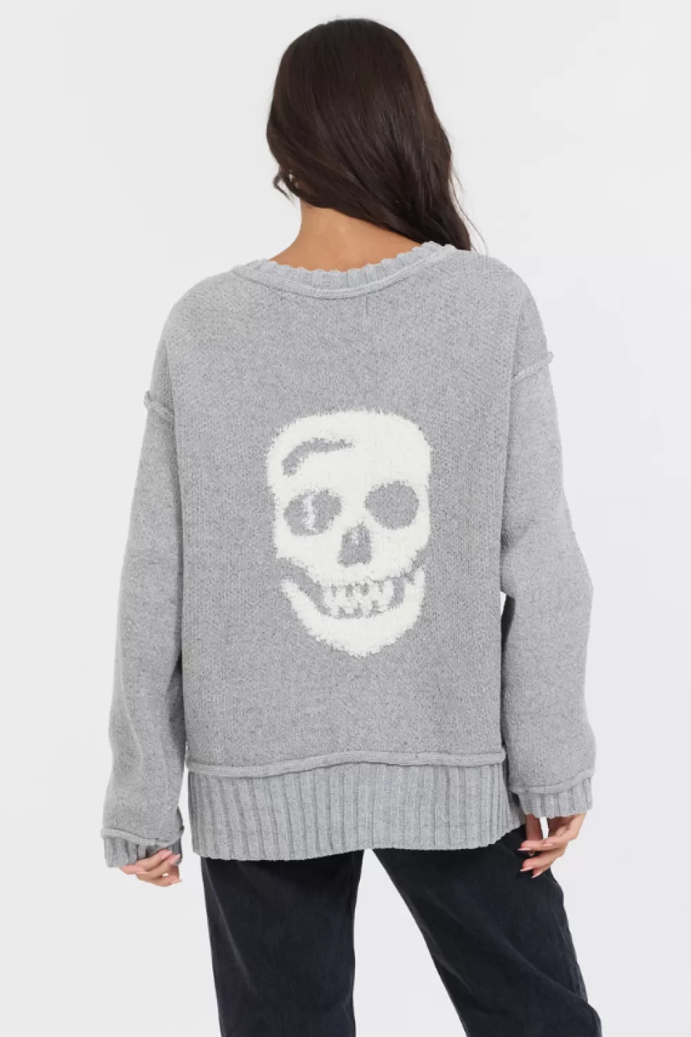 Vintage Havana Heather Grey W/ Ivory Jacquard Knit Skull Sweater