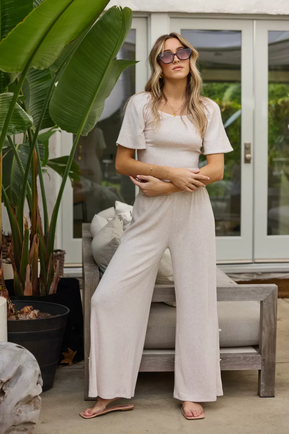 Vintage Havana Heather Oatmeal Drapey Knit Cut Out Pants