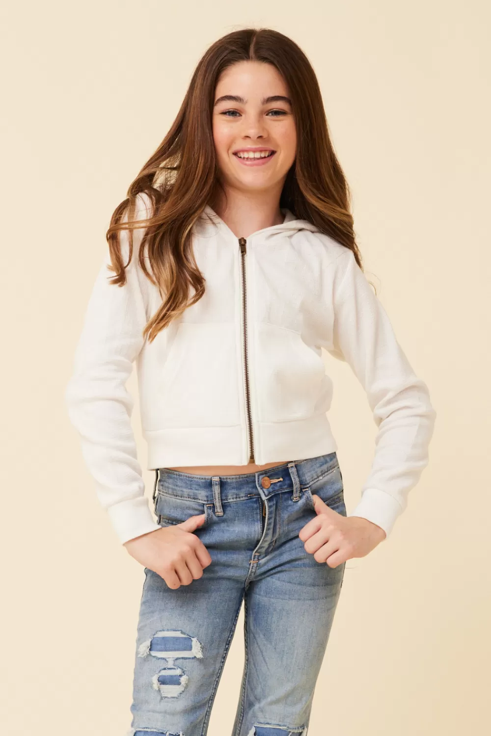 Kids Vintage Havana Ivory Crop Zip Up Thermal Hoodie