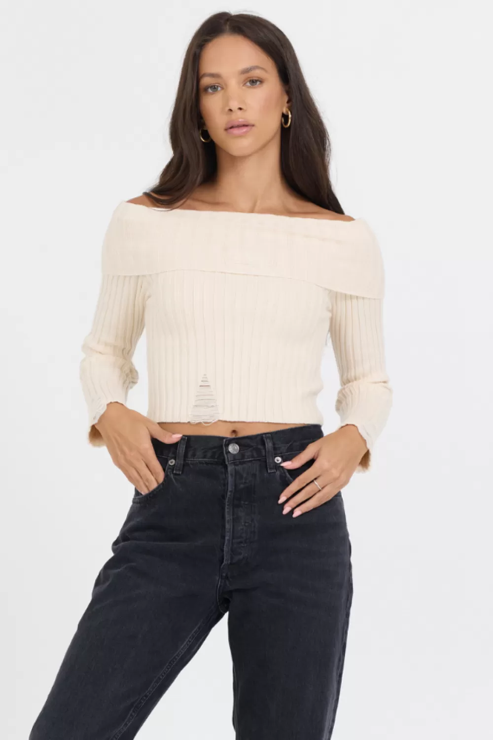Vintage Havana Ivory Distressed Off Shoulder Sweater