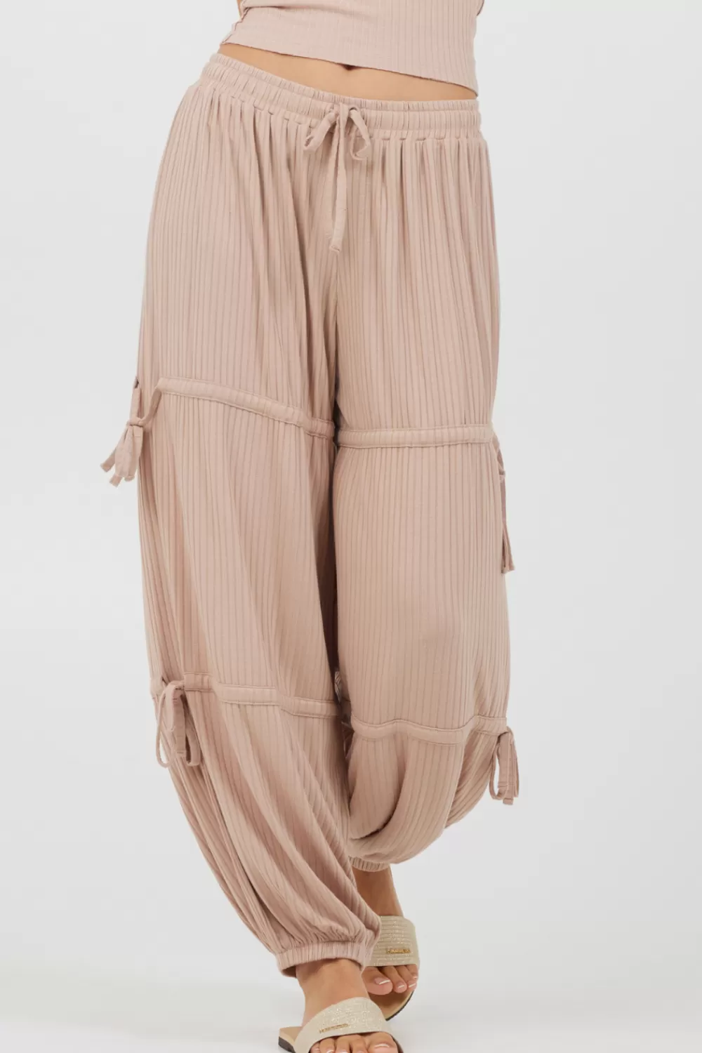 Vintage Havana Nude Wide Rib Loose Fit Tie Pants