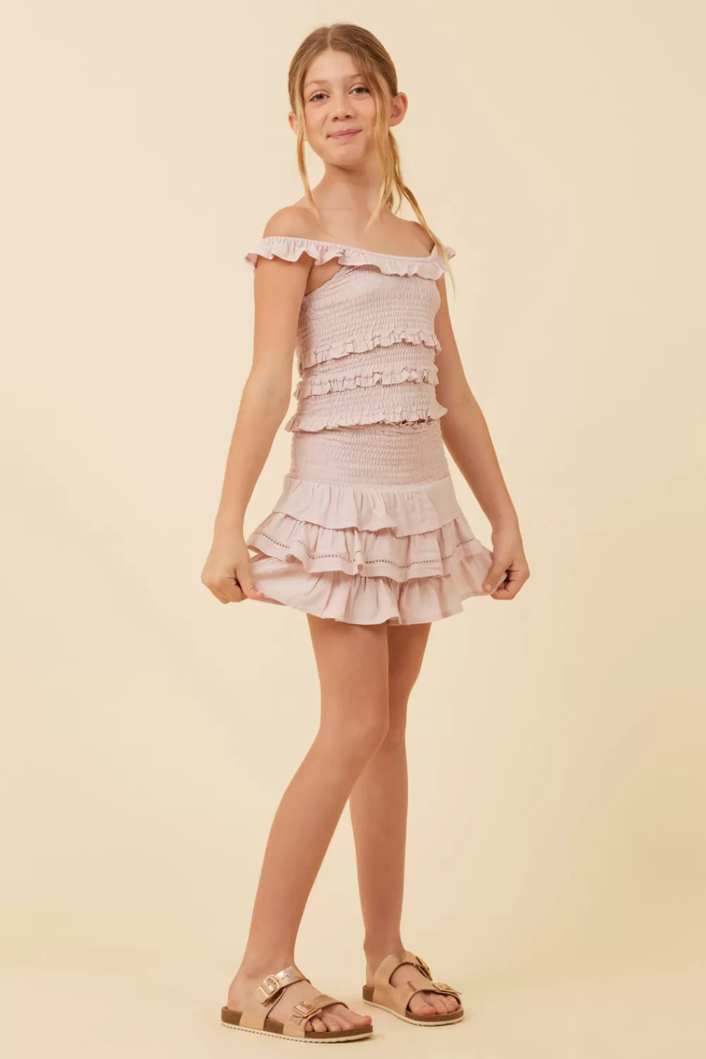 Kids Vintage Havana Pale Pink Ruffle Detail Smocked Top