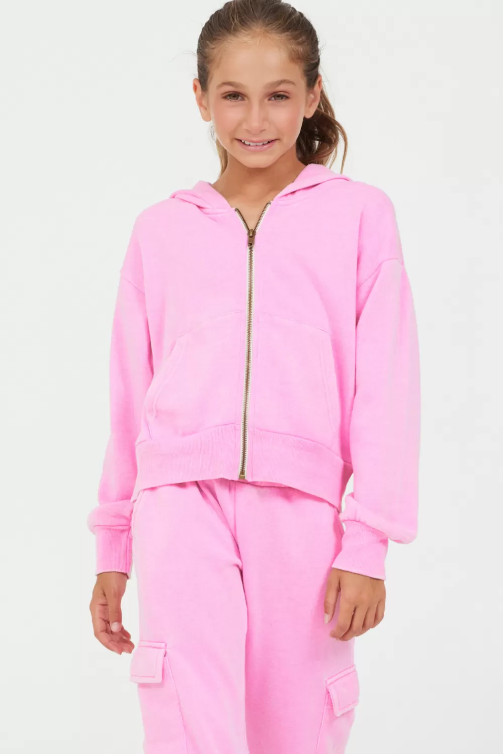 Vintage Havana Pink Solid Crop Zip Hoodie