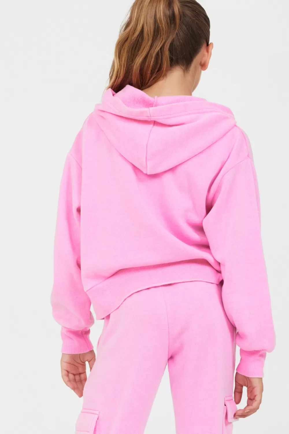 Vintage Havana Pink Solid Crop Zip Hoodie