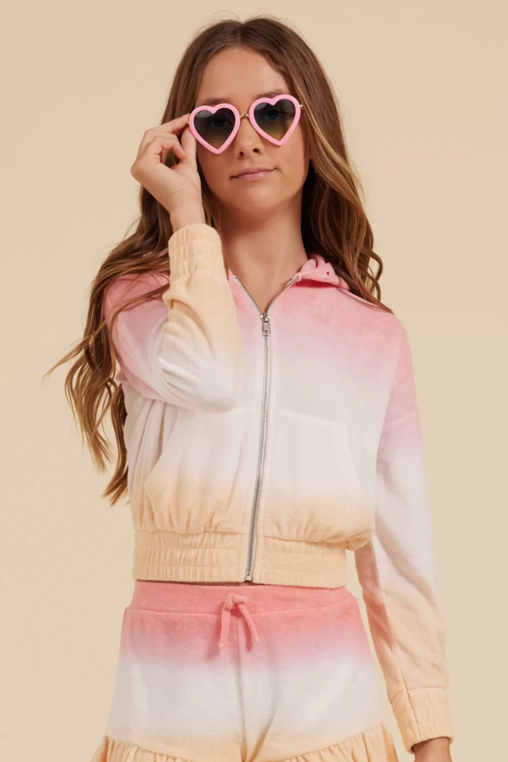 Kids Vintage Havana Pink/White/Orange Tie Dye Terry Cloth Elastic Bottom Hoodie