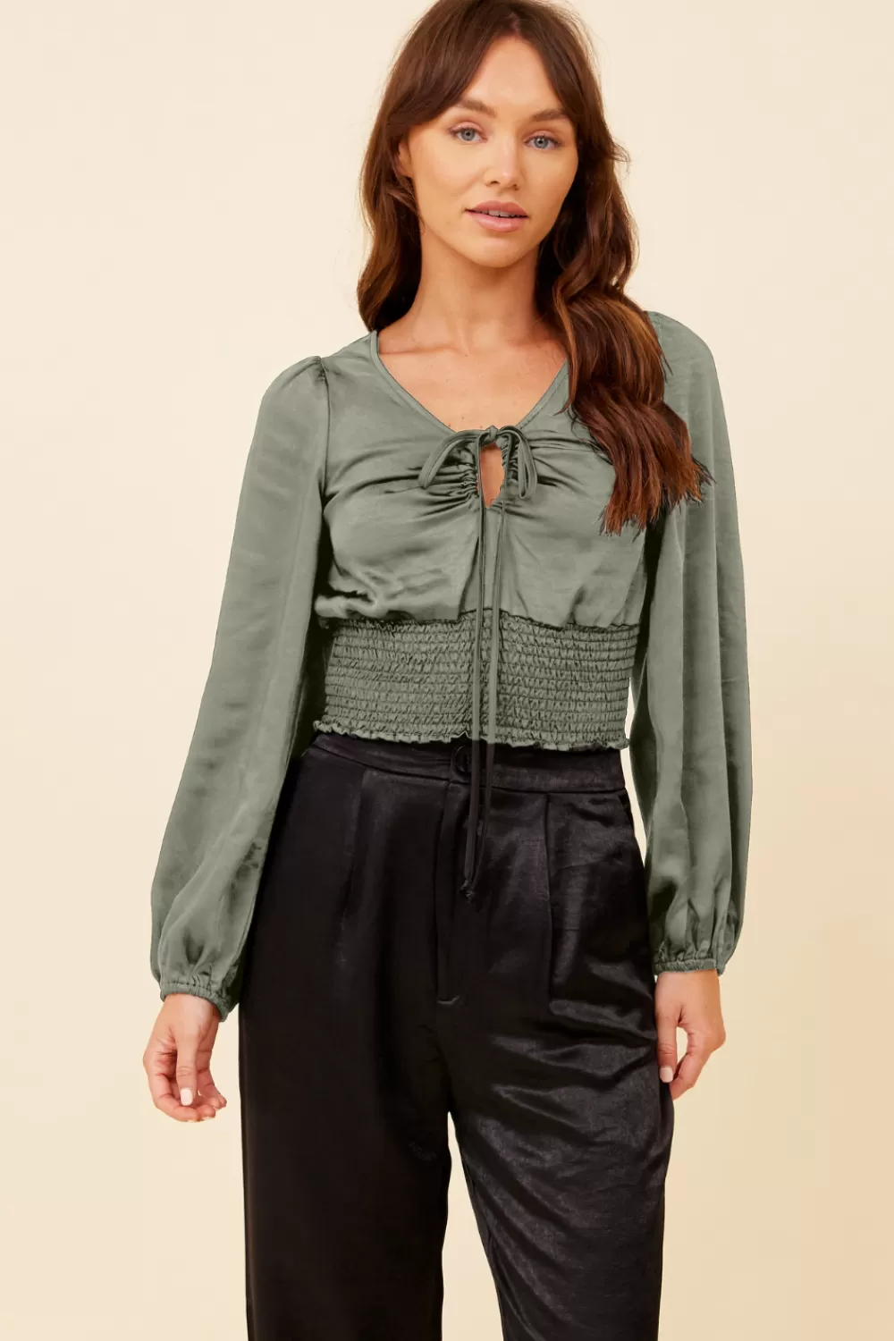Vintage Havana Silver Pine Heavy Satin Criss Cross Blouse