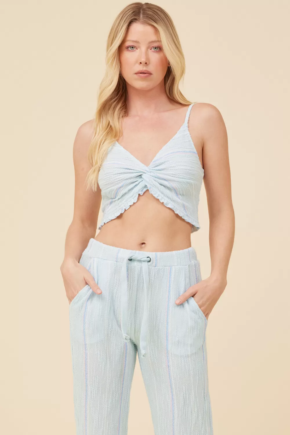 Vintage Havana Soft Blue W/ Mixed Stripes Textured Cropped Tank